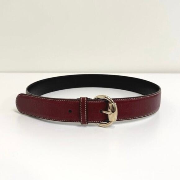 Gucci Accessories - GUCCI Red Leather Gold Horsebit Ring Buckle Belt White Stitching Accent Burgundy